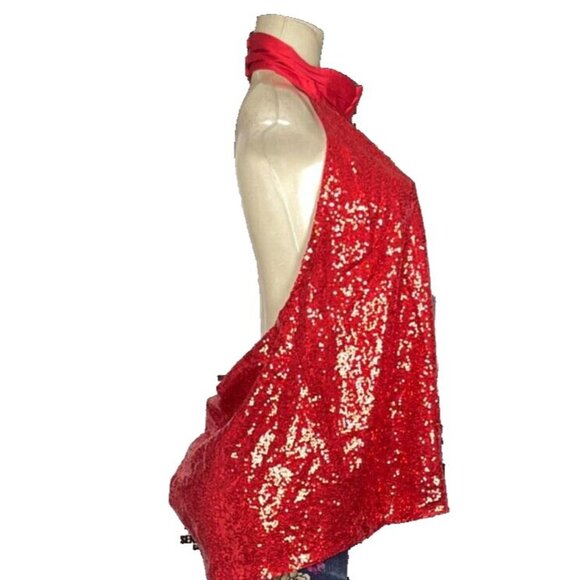 New York & Company +3X Red Sequin Lined High Satin Neck Open Back Halter Blouse - Picture 3 of 6